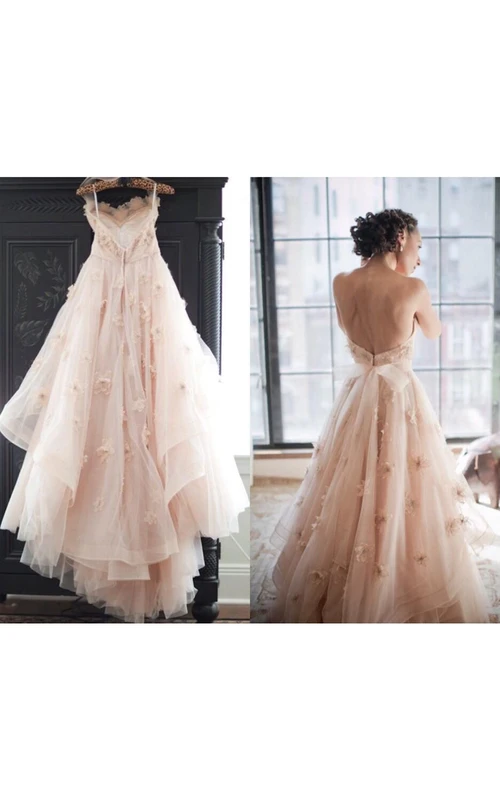 Sexy ärmelloses Spaghetti-Brautkleid aus Tüll mit Blumen