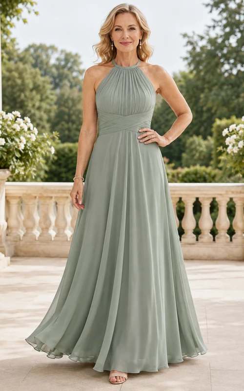 Elegantes, bodenlanges A-Linien-Chiffonkleid in Salbeigrün für die Mutter der Braut mit plissiertem Neckholder-Ausschnitt, juwelenbesetzter Taille und offenem Rücken.