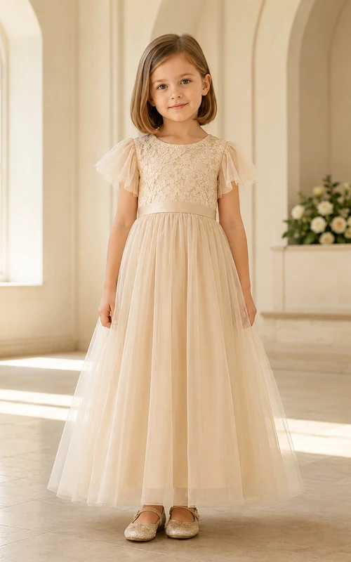 Blumenmädchenkleid aus champagnerfarbenem Tüll, A-Linie, mit flatternden Ärmeln, Rundhalsausschnitt, Teelänge