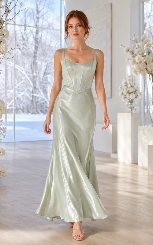 Vestido de fiesta de satén color verde salvia con escote cuadrado y corte corsé, estilo sirena, hasta el tobillo.