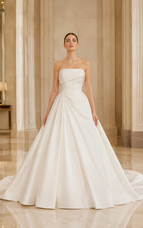 Makelloses, trägerloses, ärmelloses Ballkleid aus Satin mit Hofschleppe und Faltenrock im Landhausstil
