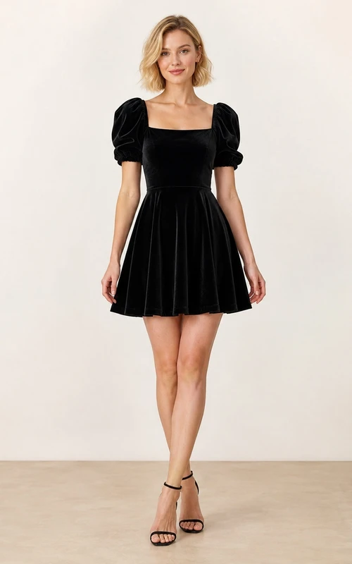 Robe de cocktail courte en velours noir à col carré et manches bouffantes, coupe trapèze, style mini, pour les fêtes de fin d'année.