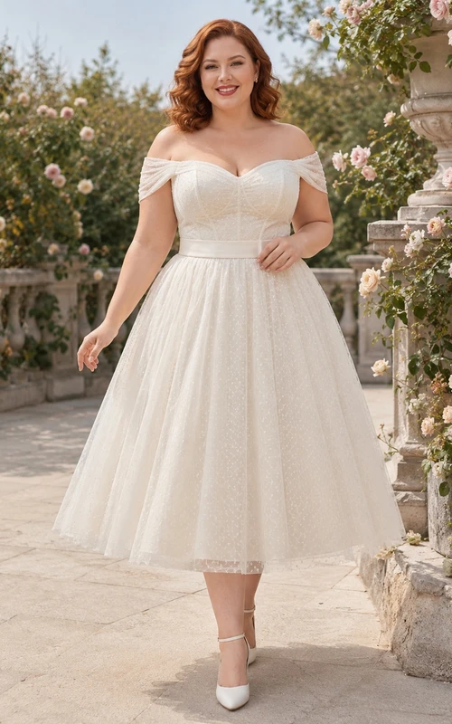 Romantisches Vintage-Brautkleid in Übergröße: Teelänge, schulterfrei, herzförmiger Ausschnitt, Tüll, A-Linie