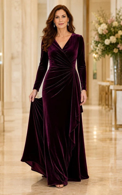 Pflaumenfarbenes Samtkleid mit V-Ausschnitt, langen Ärmeln und A-Linien-Schnitt – perfekt für Mütter
