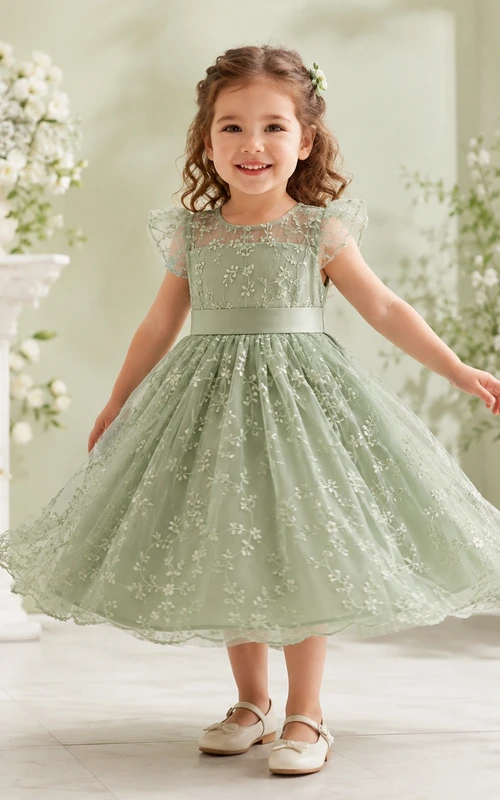 Sage Green Lace Flowergirl A-Line Dress Classic Occasion
