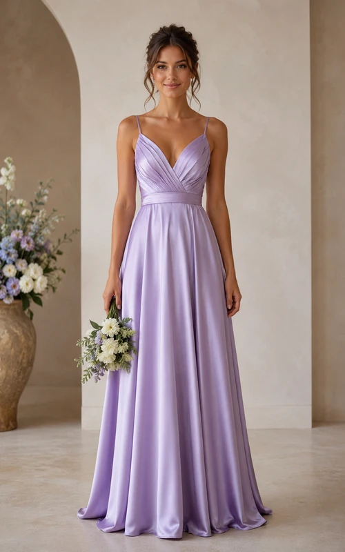 Robe de demoiselle d'honneur en satin lavande à fines bretelles et coupe trapèze