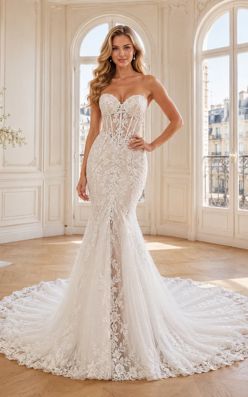 Robe de mariée sirène bustier en dentelle naturelle avec traîne chapelle et application, ornée d'appliques, décolleté cœur et galerie de robes de mariée