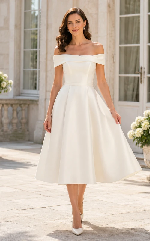 Robe de réception de mariage classique vintage en satin, coupe trapèze, épaules dénudées, longueur thé