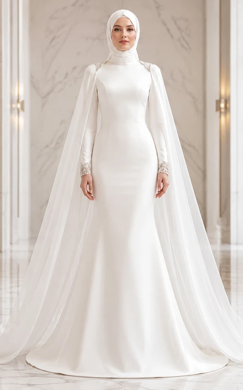 Modern Muslim Satin Sheath High Neck Cathedral Cape Wedding Dress