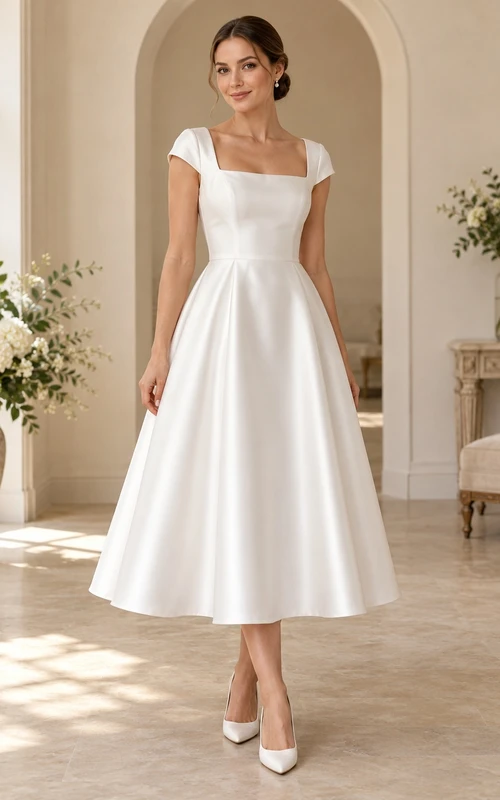 Robe de mariée en satin, coupe trapèze, col carré simple, manches courtes, longueur thé