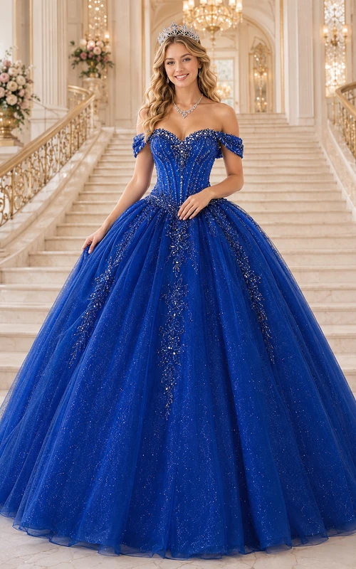 Royal Blue Off-Shoulder Beaded Corset Quinceanera Ball Gown