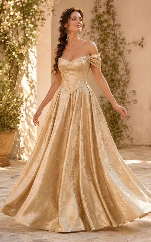 Vintage Champagne Off-Shoulder Brocade Ball Gown Floor-Length Formal Evening Dress