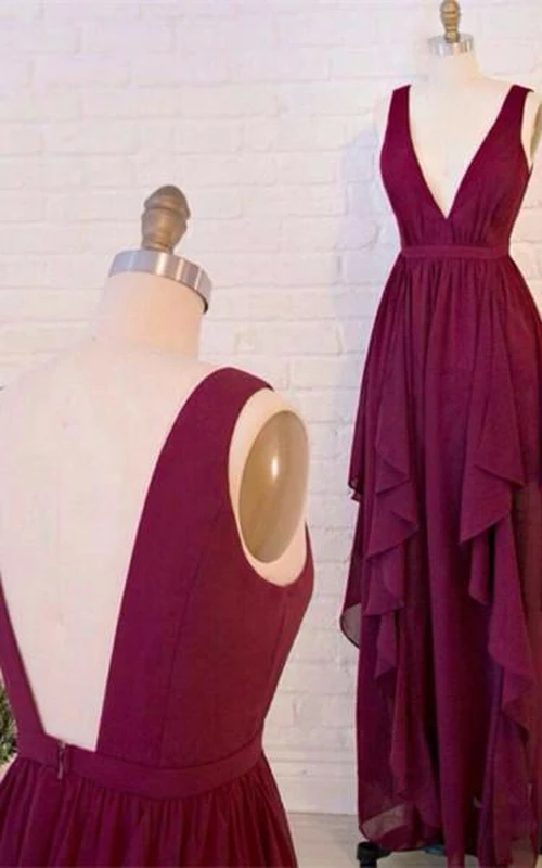 Wunderschönes burgunderrotes, bodenlanges Chiffon-Abendkleid mit V-Ausschnitt