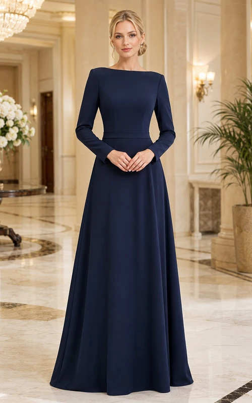 Navy Bateau Long Sleeve Floor Length A Line Formal Dress