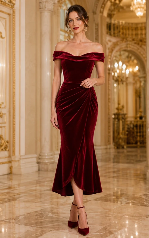 Vestido formal de fiesta largo hasta los tobillos, de terciopelo fruncido con hombros descubiertos y corte sirena.