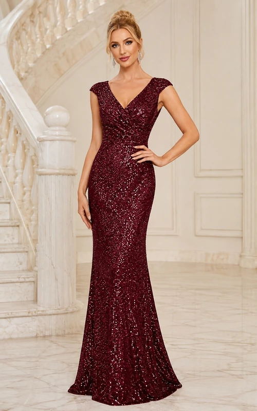 Burgundy V-Neck Short-Sleeve Sequined Mermaid Sweep-Train Formal Gown
