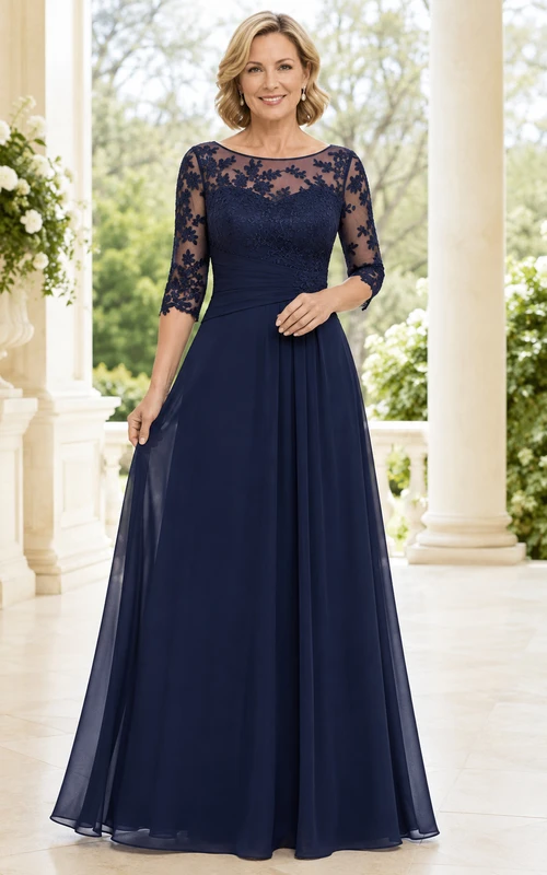 MOB Dress Dark Navy Chiffon Lace A-Line 3/4 Sleeve Bateau Neck Floor Length