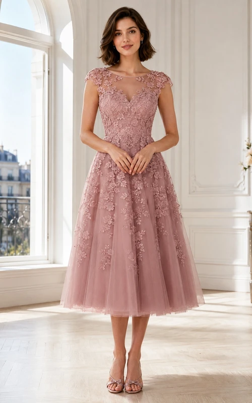 Vestido de fiesta romántico de encaje con mangas cortas y escote barco en color rosa empolvado, corte en A y largo hasta la rodilla.