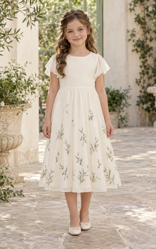 Schlichtes, dezentes cremefarbenes, teelanges Chiffonkleid mit juwelenfarbenem, transparentem Volantärmeln und olivgrünem Sprenkelmuster – ein echtes Blumenmädchenkleid in A-Linie