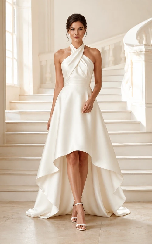 Simple High-low Sleeveless Bridal Ceremony Formal Halter A-line Dress