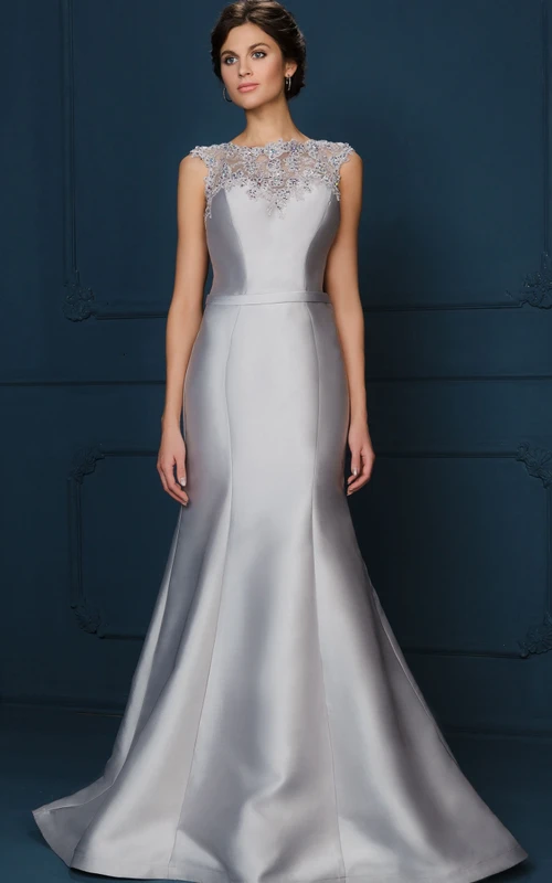 Vestido largo de satén con escote joya, mangas cortas y apliques, corte en A, para la madre de la novia