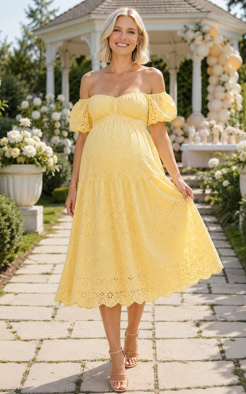 Robe de maternité Daffodil, épaules dénudées, manches bouffantes, dentelle ajourée, longueur thé, style jardin