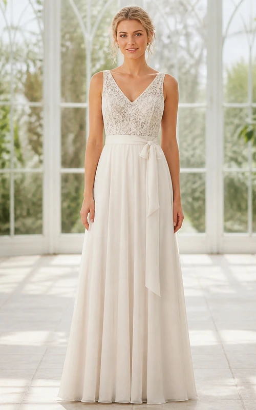 Einfaches, ärmelloses Strand-Hochzeitskleid in A-Linie mit V-Ausschnitt aus Chiffon und Spitze