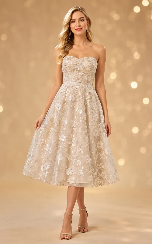Champagne Strapless Floral Sequin Tea-Length A-Line Cocktail Dress