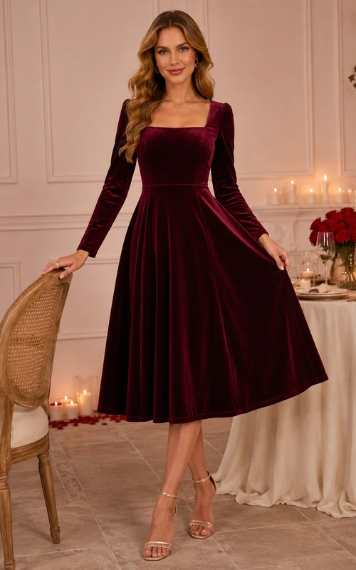Robe midi bordeaux en velours à manches longues et coupe trapèze, idéale pour un anniversaire