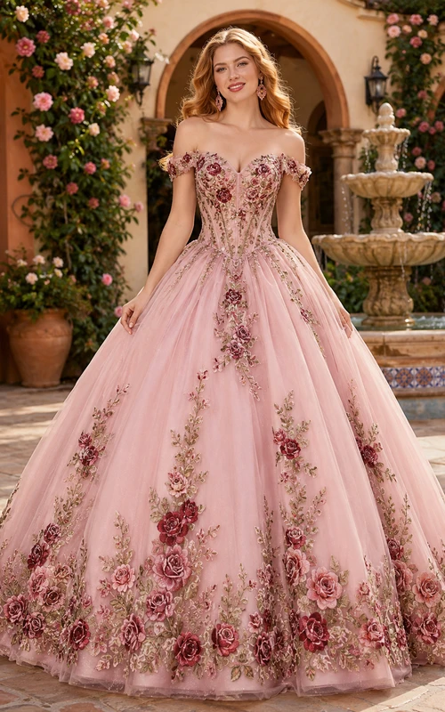 Vestido de fiesta formal de princesa para quinceañera, estilo princesa, con hombros descubiertos y bordado de rosas, color rosa estilo Hacienda.