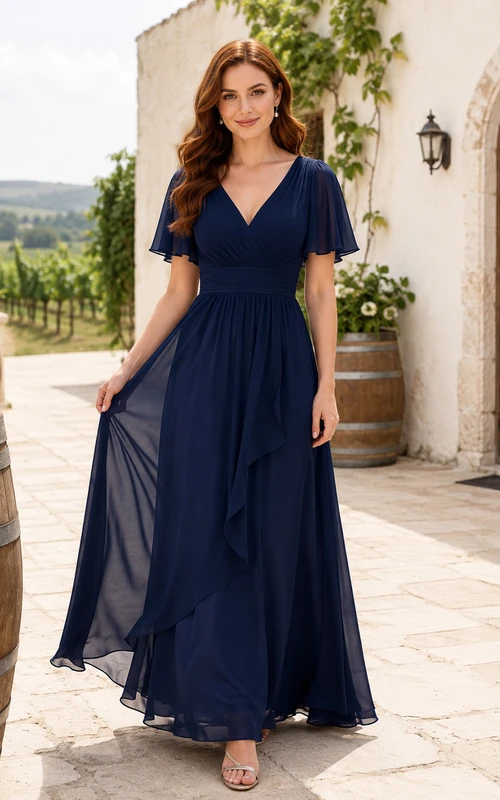 Dark Navy Rustic Vineyard Wedding Guest Bridesmaid Evening Formal Dress A-Line Floor-Length V-Neck Short Sleeve Chiffon Deep V Back