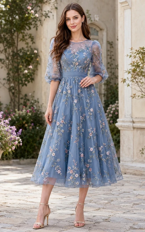Teelanges, geblümtes, blaues Tüllkleid mit Puffärmeln und Stickerei – romantisches Gästekleid