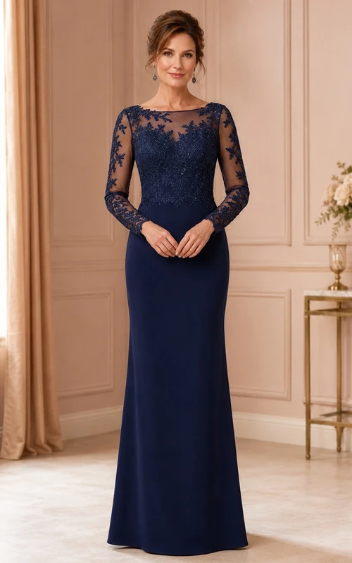 Dark Navy Lace Illusion Long Sleeve A-Line Evening Gown Dress