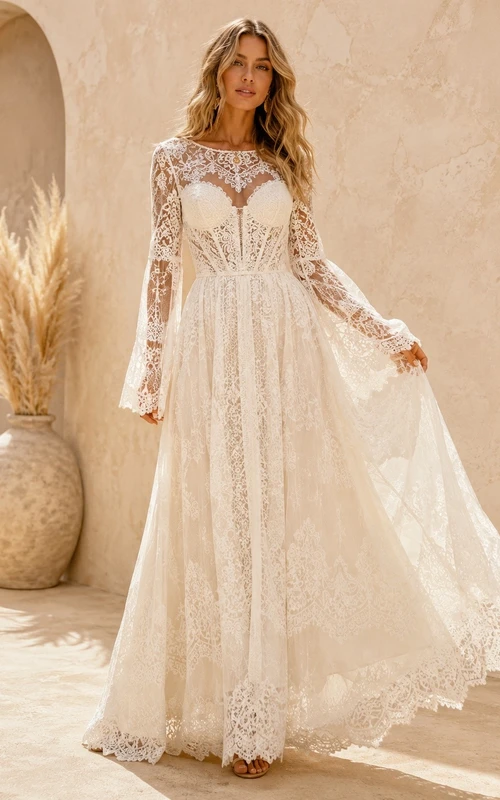 Boho Sweetheart Long Sleeve Lace A-line Floor-length Romantic Wedding Elegant Dress