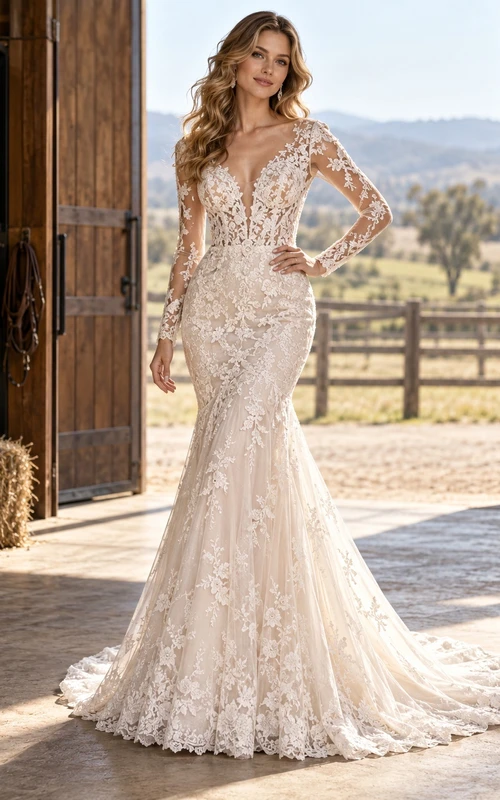 Western Mermaid Long Sleeve Plunge V-neck Lace Wedding Dress