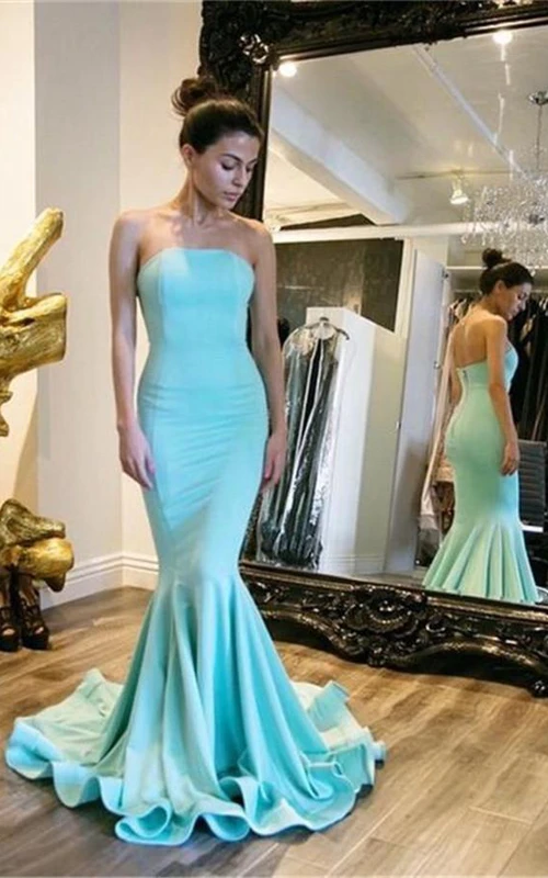 Meerjungfrauen-Trompeten-Satin-Kleid, trägerlos, ärmellos, mit Reißverschluss