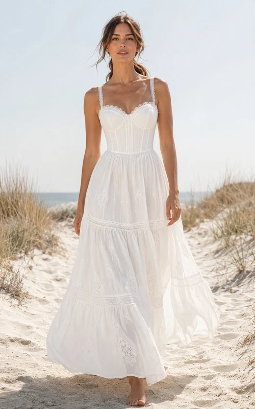 Robe de plage simple en coton spaghetti, coupe trapèze, longueur au sol, bustier cœur, corset