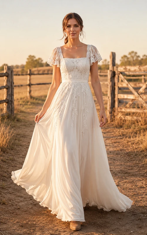 Rustic Country Square Neck Short Cap Lace Sleeve Keyhole Back Chiffon A-Line Wedding Dress