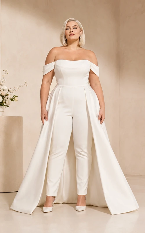 Combinaison de mariée en satin grande taille à épaules dénudées avec surjupe trapèze amovible, tenue de mariage moderne