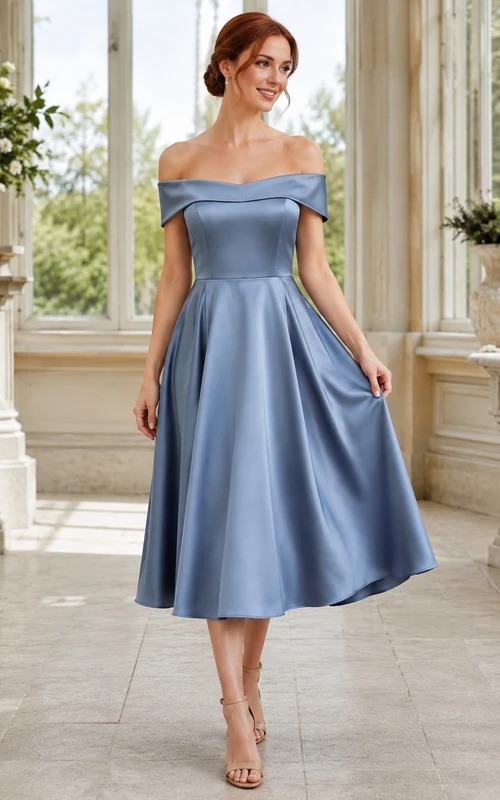 Robe élégante bleu acier en satin, épaules dénudées, coupe trapèze, manches courtes, plissée, longueur thé
