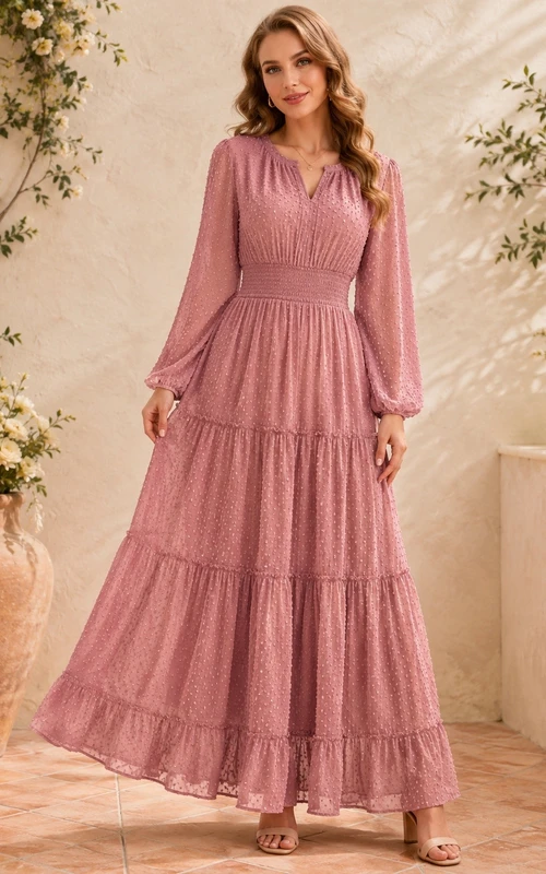 Dusty Rose Chiffon V-neck Long Sleeve Tiered A-Line Maxi Dress