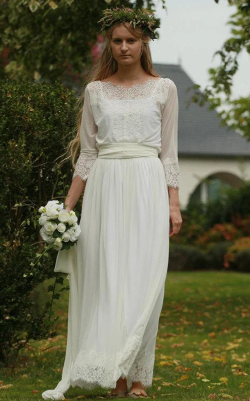 Bateau-Hochzeitskleid mit langen Ärmeln, Spitze und Chiffon, plissiert