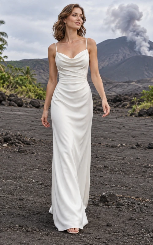 Schlichtes, bodenlanges Brautkleid aus Satin mit Spaghettiträgern und Wasserfallausschnitt
