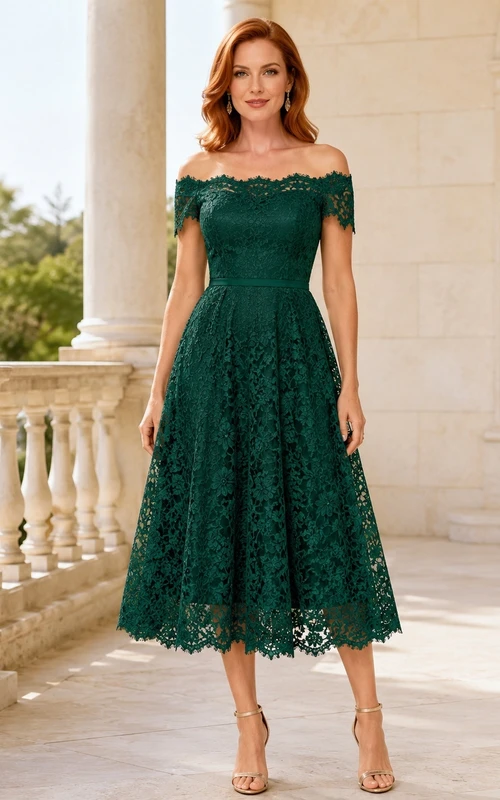 Robe d'invitée trapèze en dentelle émeraude, épaules dénudées, manches courtes, longueur thé