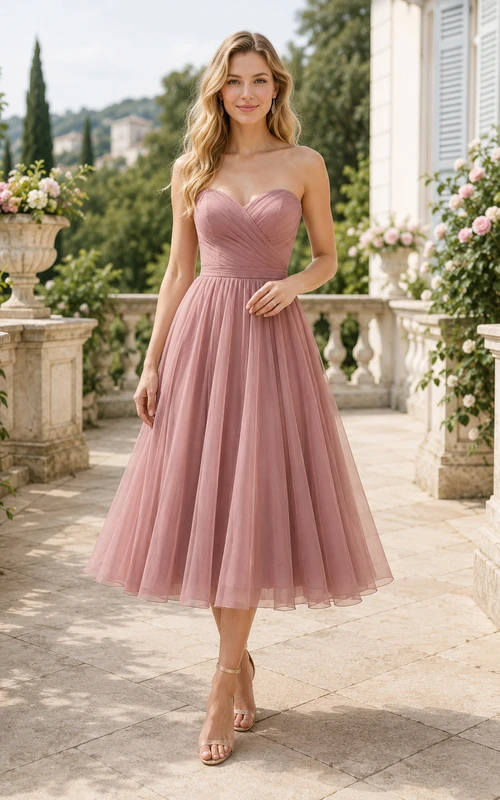 Plus Size Altrosa Tüll-Abendkleid in Teelänge mit trägerlosem, herzförmigem Oberteil