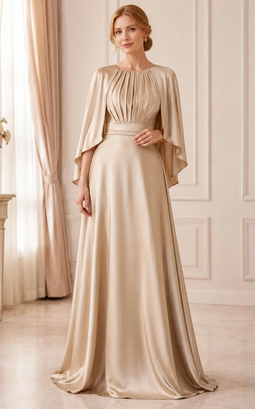 Champagne Satin High Neck Poet Sleeve A-Line Formal Gown