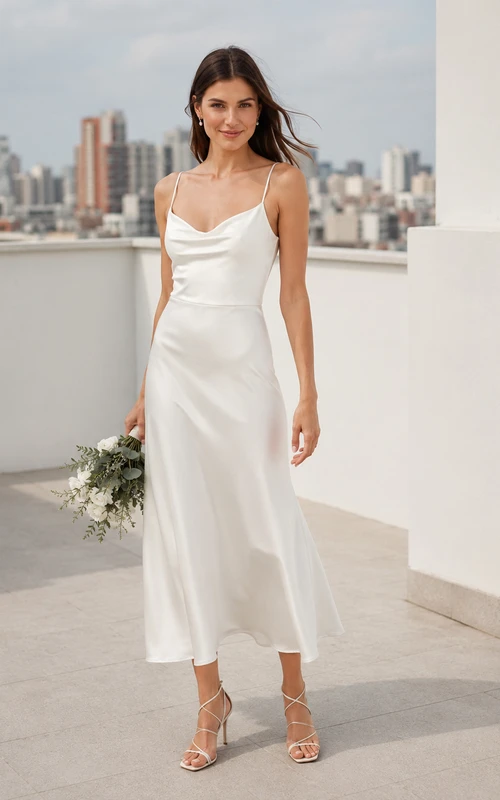 Elegant Civil Satin Sheath Cowl Spaghetti Asymmetric Midi Wedding Dress