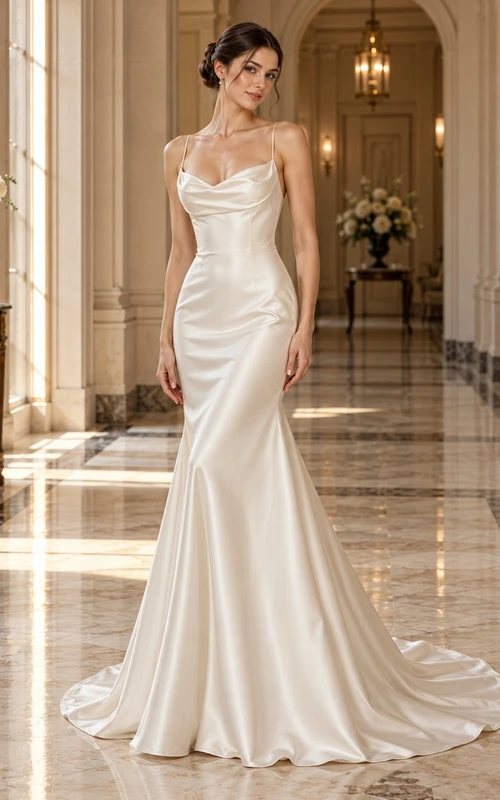 Simple Open Back Cowl Neck Spaghetti Satin Mermaid Wedding Dress
