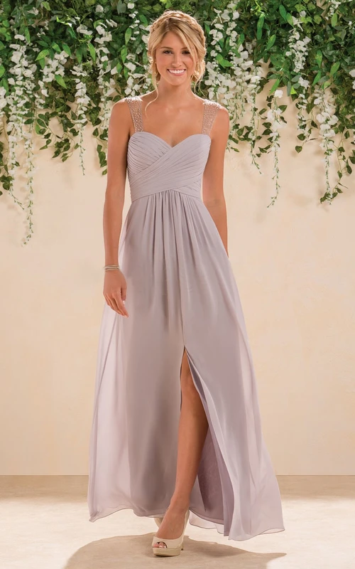 Sleeveless A-Line Bridesmaid Dress With Illusion Straps And Front Slit