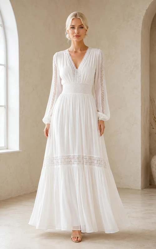 Vestido bohemio de gasa con escote en V, manga larga, corte en A, estilo bohemio, ideal para renovación de votos matrimoniales.